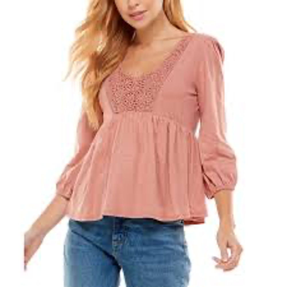 Derek Heart Crochet Overlay Puff Sleeve Dusty Rose 100% Cotton Blouse